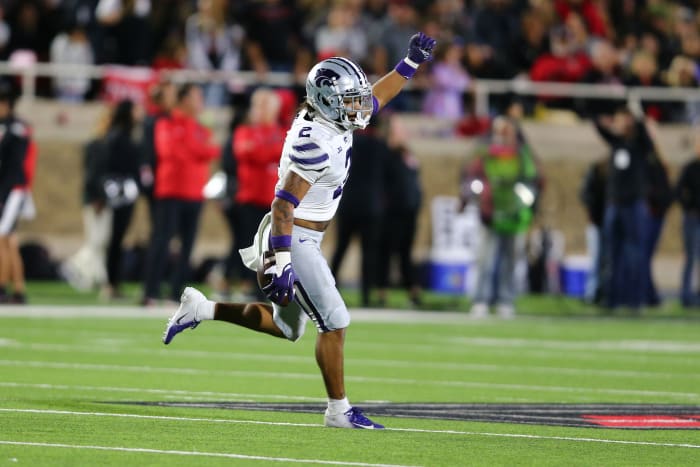 Kansas State Wildcats defensive safety Kobe Savage (2) reacts after intercepting a pass against the Texas Tech Red Raiders in the second half at Jones AT&T Stadium and Cody Campbell Field.
